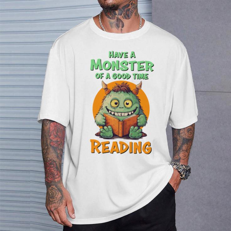 Halloween Teacher Librarian Monster Reading Books Performance T-Shirt Gifts for Him