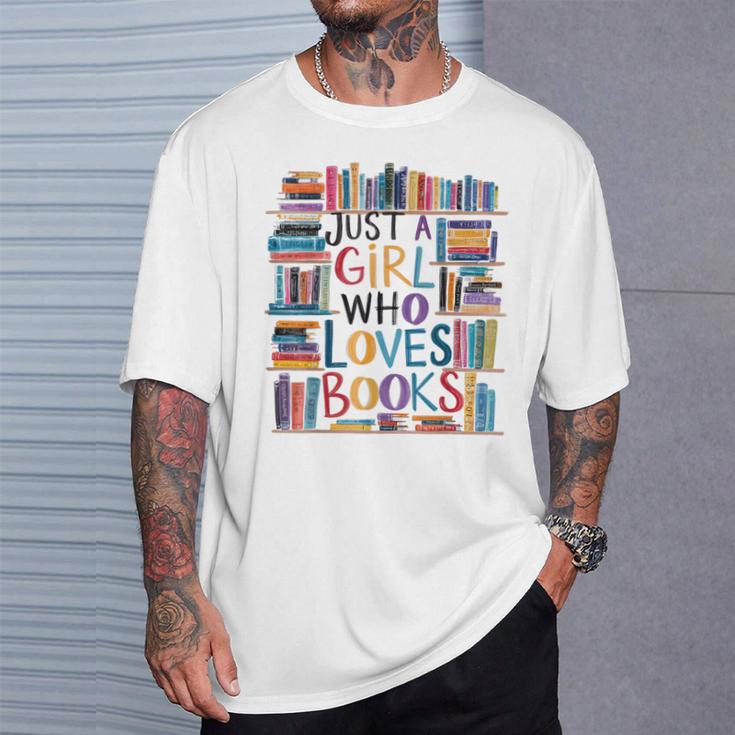Just A Girl Who Loves Books Bookshelf Female Book Lovers T-Shirt Gifts for Him