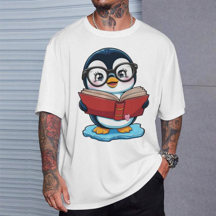 Kawaii Penguin In Cartoon Style With Book And Glasses T-Shirt Gifts for Him Kawaii Penguin In Cartoon Style With Book And Glasses T-Shirt Gifts for Him