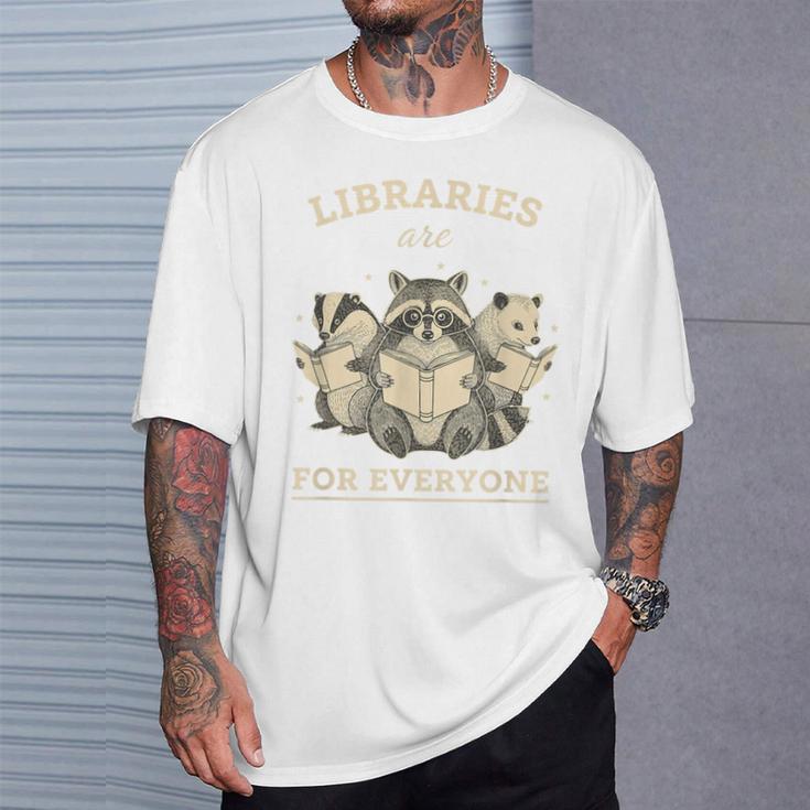 Libraries Are For Everyone Cute Raccoon Badger Opossum Book T-Shirt Gifts for Him