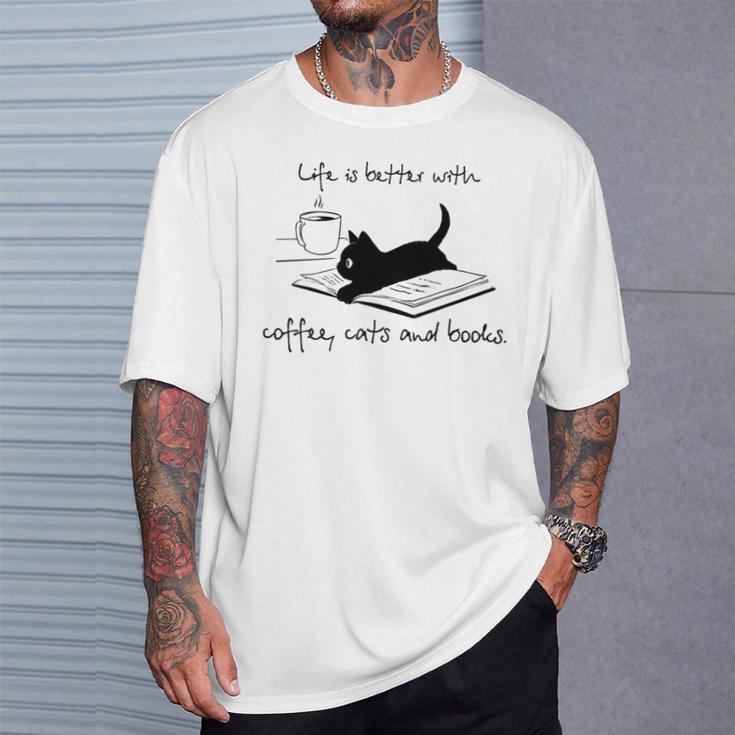 Life Is Better With Books Cats And Coffee T-Shirt Gifts for Him