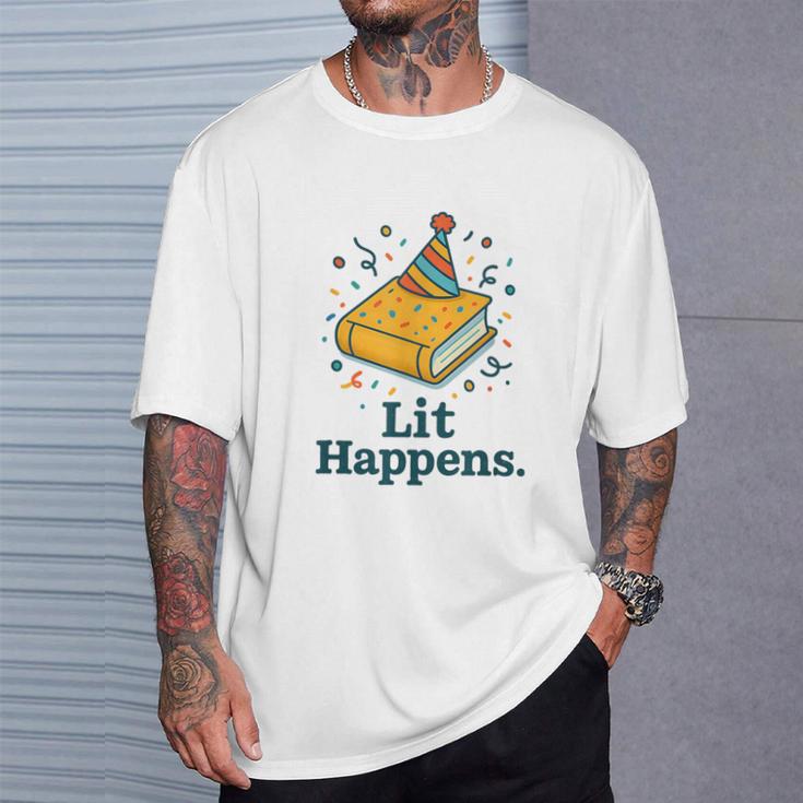 Lit Happens Book Party Hat Confetti Literary Pun T-Shirt Gifts for Him Lit Happens Book Party Hat Confetti Literary Pun T-Shirt Gifts for Him