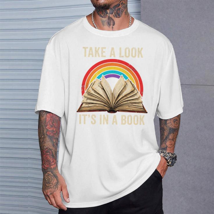 Take A Look It In A Book Retro Rainbow Reading Teacher T-Shirt Gifts for Him