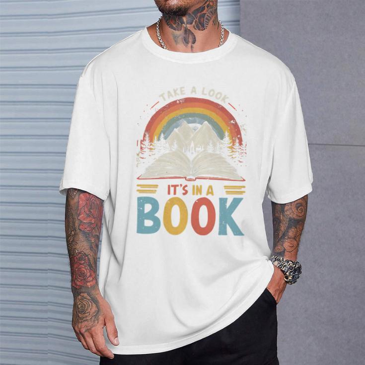 Take A Look It's In A Book Retro Reading Advocate Distressed T-Shirt Gifts for Him
