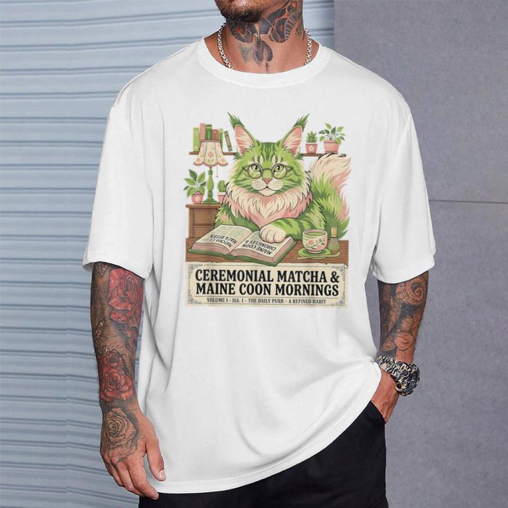 Matcha Drinking Maine Coon Cat Reading Books Aesthetic T-Shirt Gifts for Him