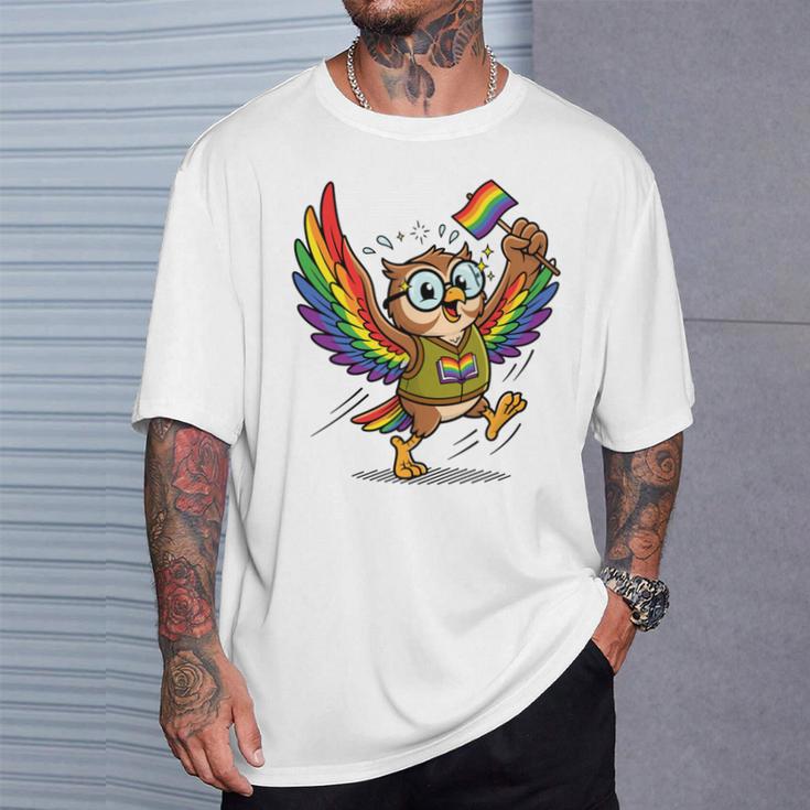 Owl With Pride Flag Book Lover Rainbow Library T-Shirt Gifts for Him