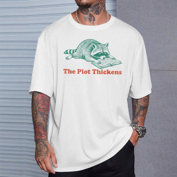 The Plot Thickens Bookish Raccoon Fantasy Book Reader T-Shirt Gifts for Him