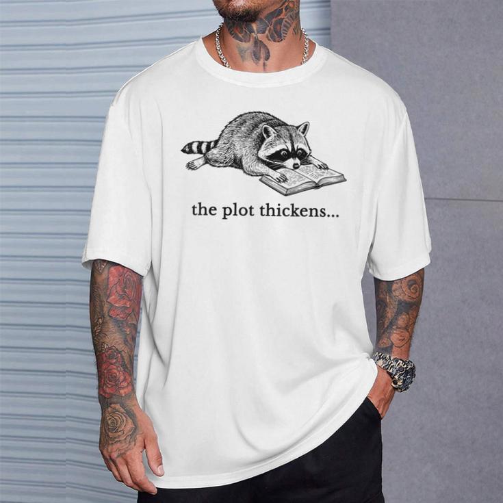 The Plot Thickens Raccoon Reading Book Bookish T-Shirt Gifts for Him The Plot Thickens Raccoon Reading Book Bookish T-Shirt Gifts for Him