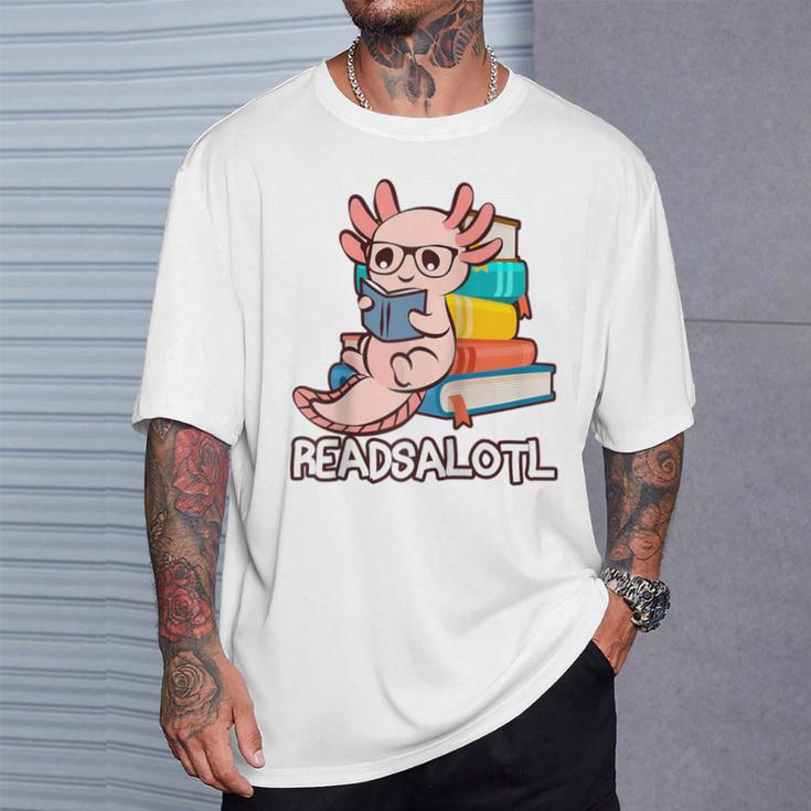 Readalotl a Kawaii Axolotl Reading a Book As Readsalotl Raglan Baseball Tee T-Shirt Gifts for Him