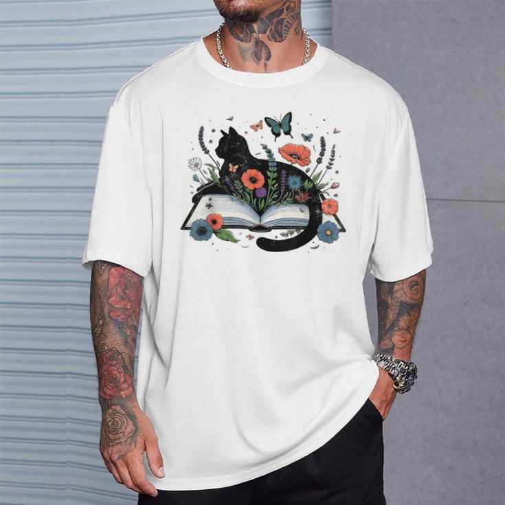 Retro Cute Cat Floral Book Librarian Vintage Floral Cat Book T-Shirt Gifts for Him