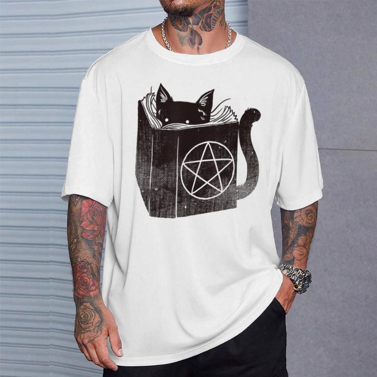 SataniCat Pentagram Cat Satan Demon Necronomicon Book Lover T-Shirt Gifts for Him