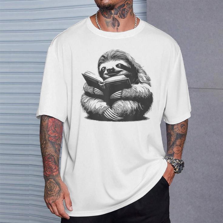 Sleepy Sloth Reading Book Cute Vintage Animal Graphic T-Shirt Gifts for Him
