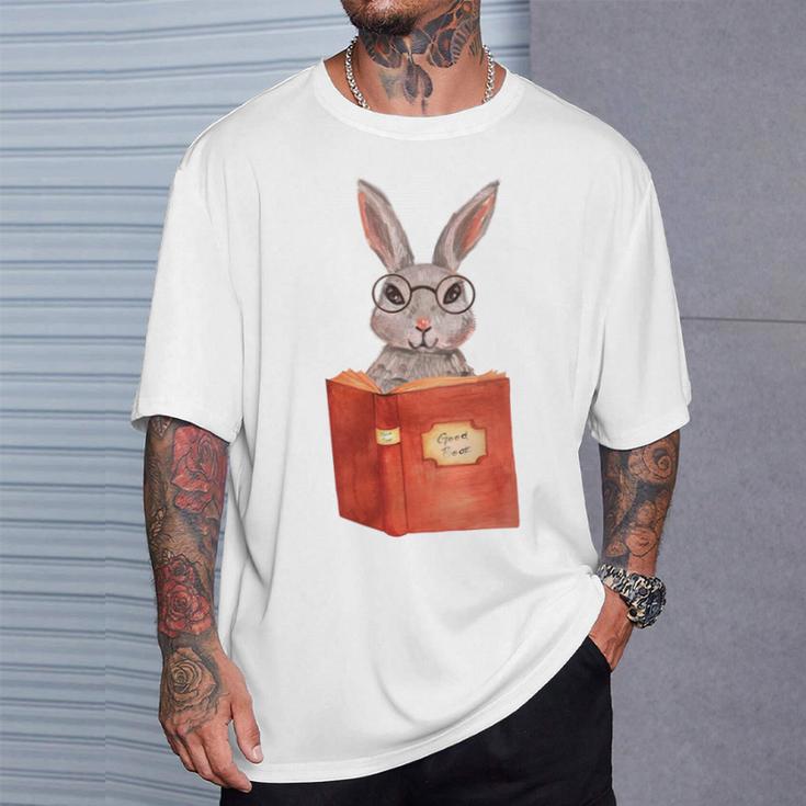 Studious Studying Bunny Book Lover Reading Geek Rabbit T-Shirt Gifts for Him