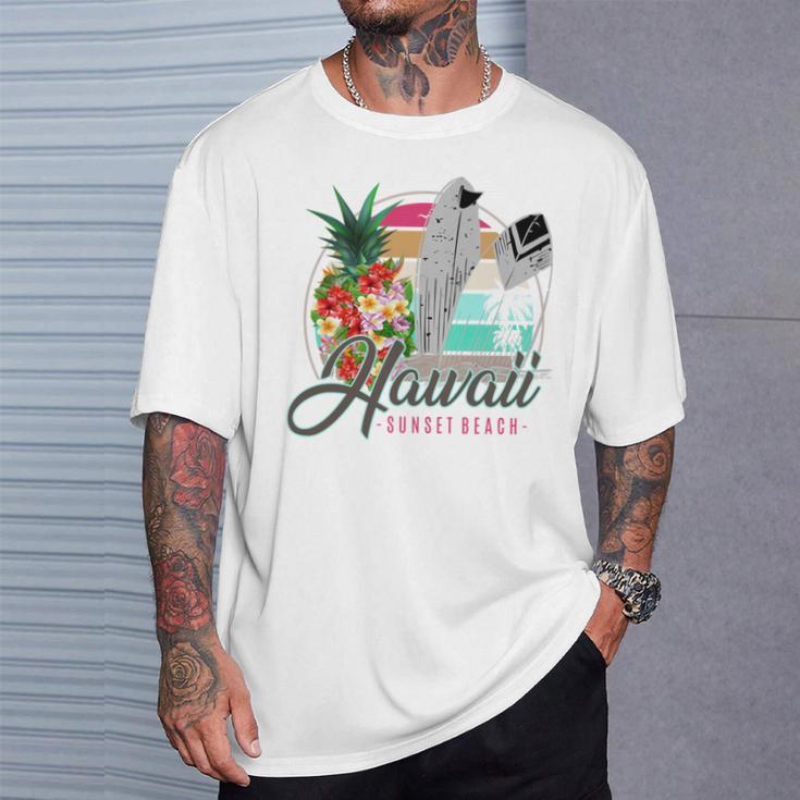 Sunset Beach Hawaii、サーフィンサーフボードレトロ、バックプリント 長袖tシャツ Tシャツ 彼への贈り物