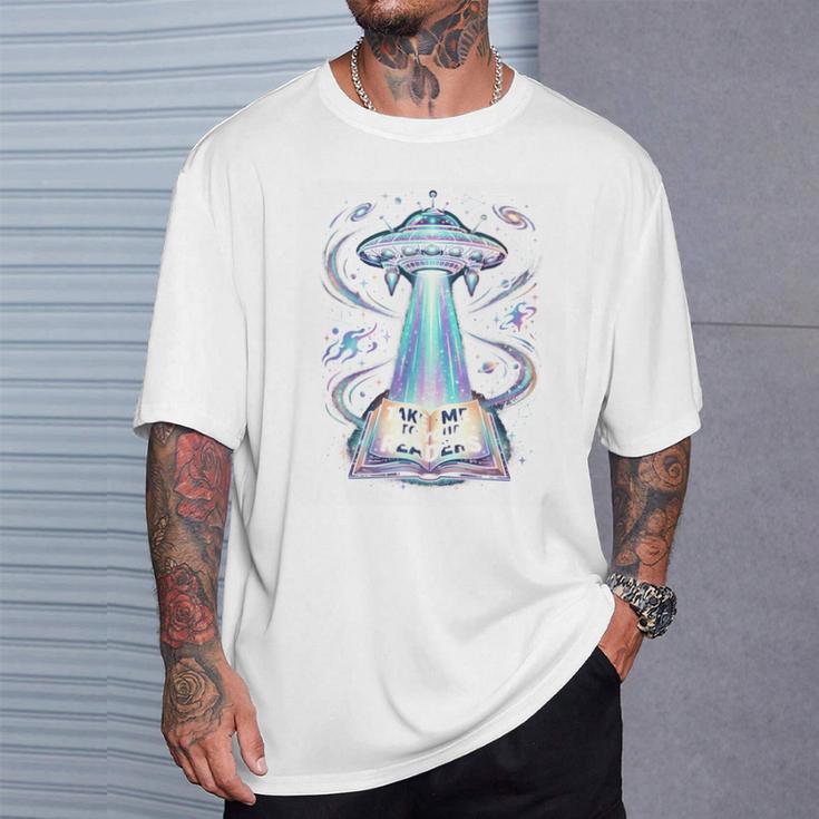 UFO Abducting Book Take Me To Your Readers Sci-Fi T-Shirt Gifts for Him