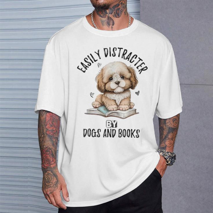 Vintage Easily Distracted By Dogs And Books Puppy Art Lover T-Shirt Gifts for Him