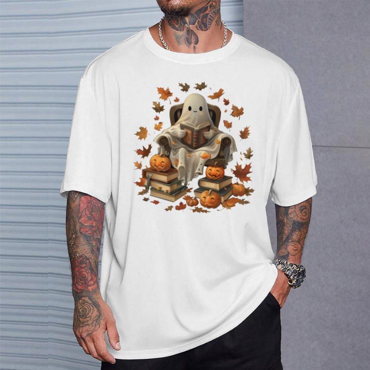 Vintage Ghost Book Reading Pumpkin Gothic Halloween Teachers T-Shirt Gifts for Him