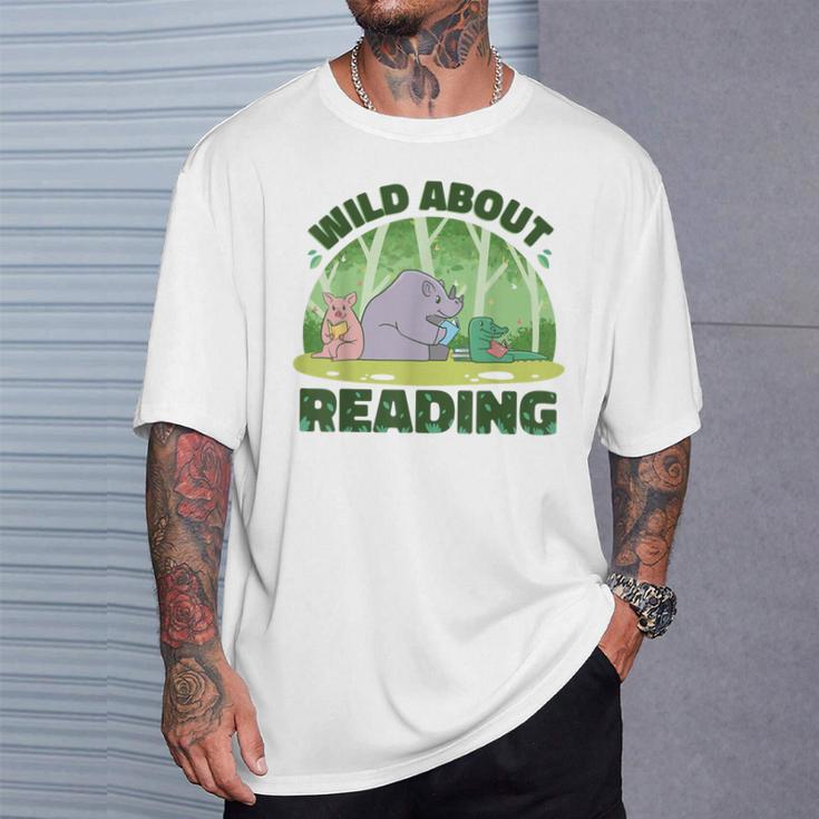 Wild About Reading Books Rhino Pig And Crocodile T-Shirt Gifts for Him