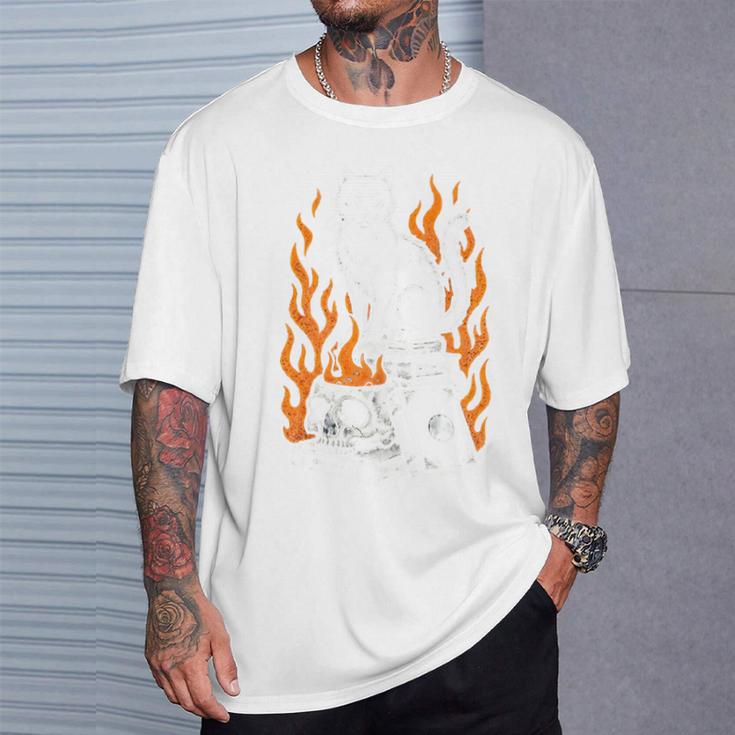 Witchy Creepy Goth Cat Skull Flames Occult Magic Books Comfort Colors Crop Top T-Shirt Gifts for Him