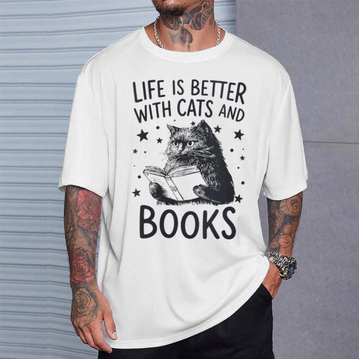 Women's Life Is Better With Cats And Books Cat T-Shirt Gifts for Him