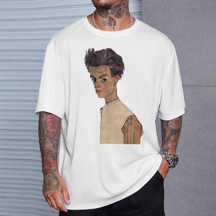 エゴン・シーレ作1910ストライプシャツの自画像 Tシャツ 彼への贈り物