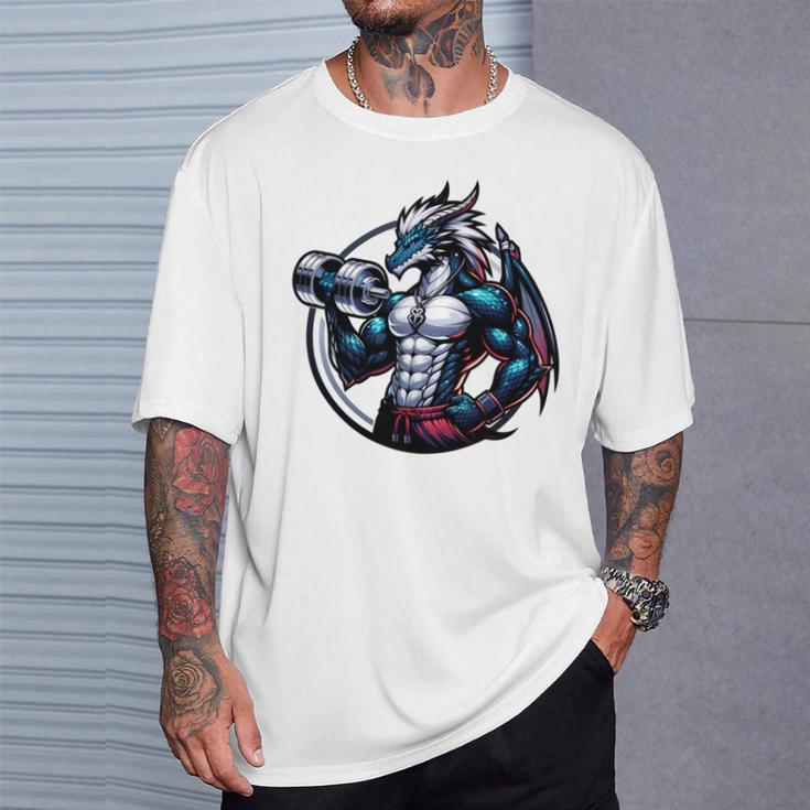 キュートでかわいいグラフィックのドラゴンが筋肉質のシックスパックを表示 長袖tシャツ Tシャツ 彼への贈り物