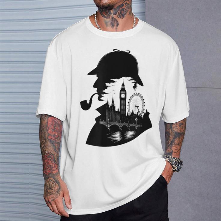 シャーロックホームズ&ロンドンのスカイラインシルエットギフト Tシャツ 彼への贈り物