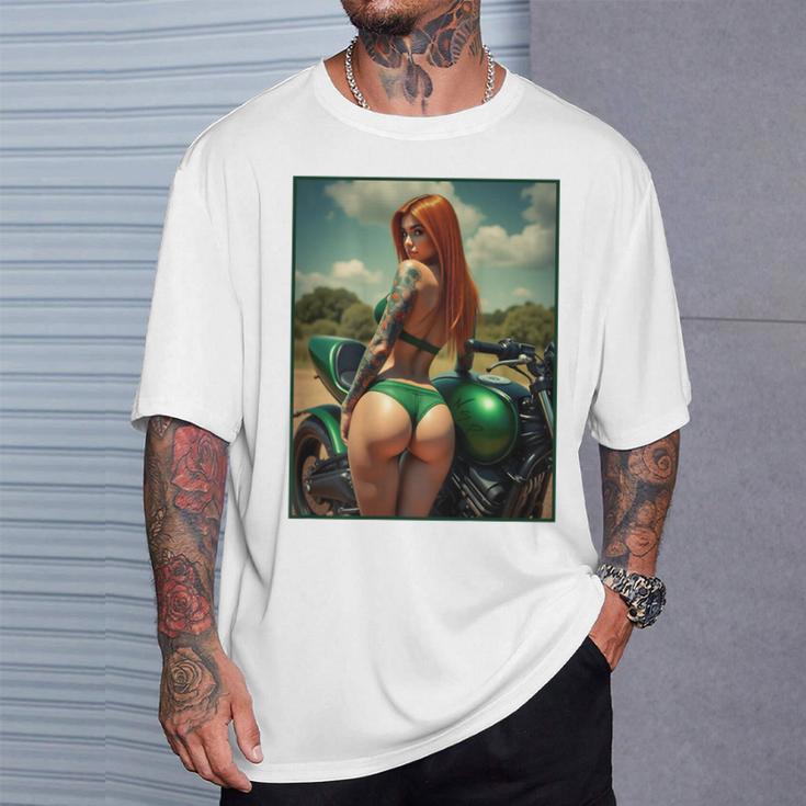 バックプリントtシャツ セクシーな赤毛ピンナップガール&バイク Tシャツ 彼への贈り物