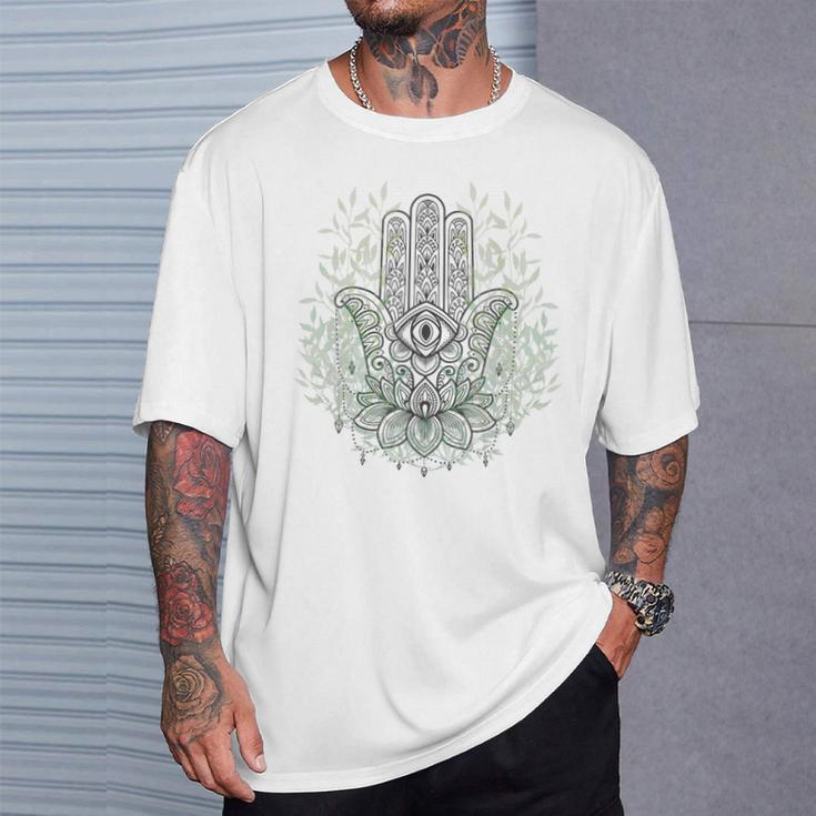 ファティマ・ハムサの手、難解なヨガ瞑想 Tシャツ 彼への贈り物