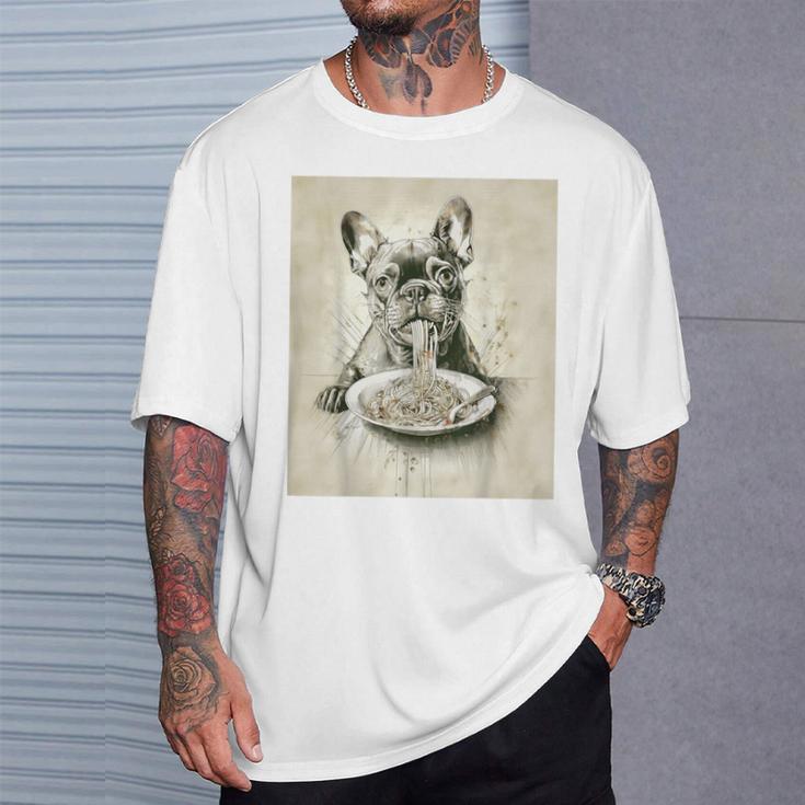 フレンチブルドッグ スパゲッティ モノクロ アート ブラック ホワイト ドッグ Tシャツ 彼への贈り物