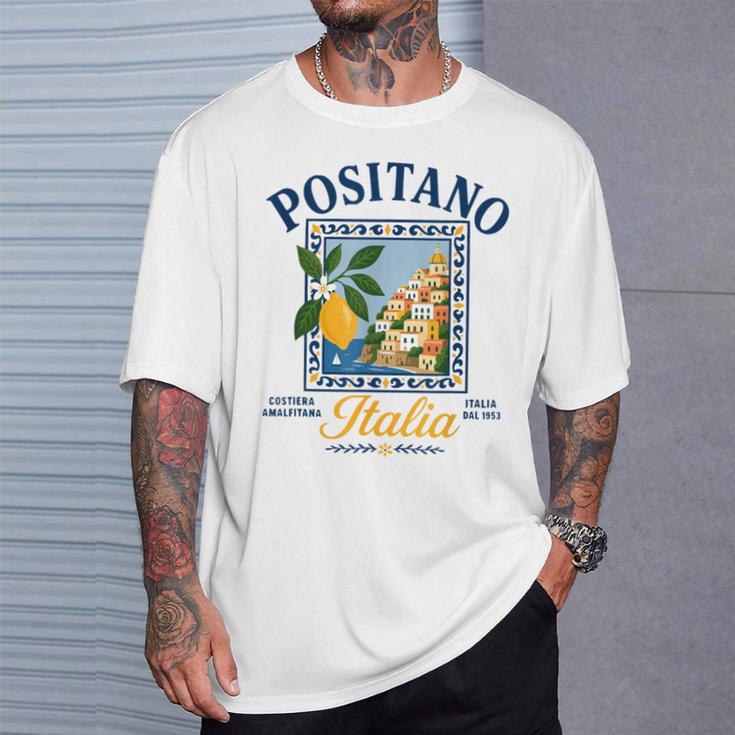 ポジターノ イタリア アマルフィ海岸 レトロ レモン 夏 バイブ グラフィック Tシャツ 彼への贈り物