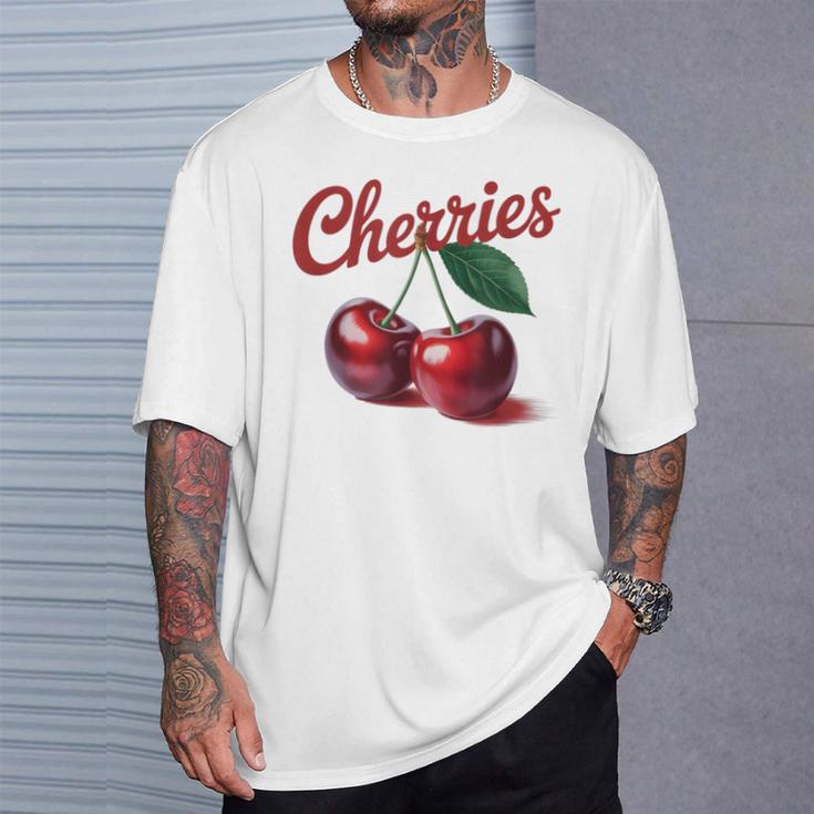 レトロなさくらんぼのイラスト 大胆な赤い果実 ヴィンテージ付き Tシャツ 彼への贈り物