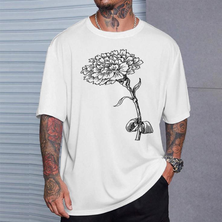 ヴィンテージ カーネーション ボタニカル ライン アート イラスト 黒インク Tシャツ 彼への贈り物
