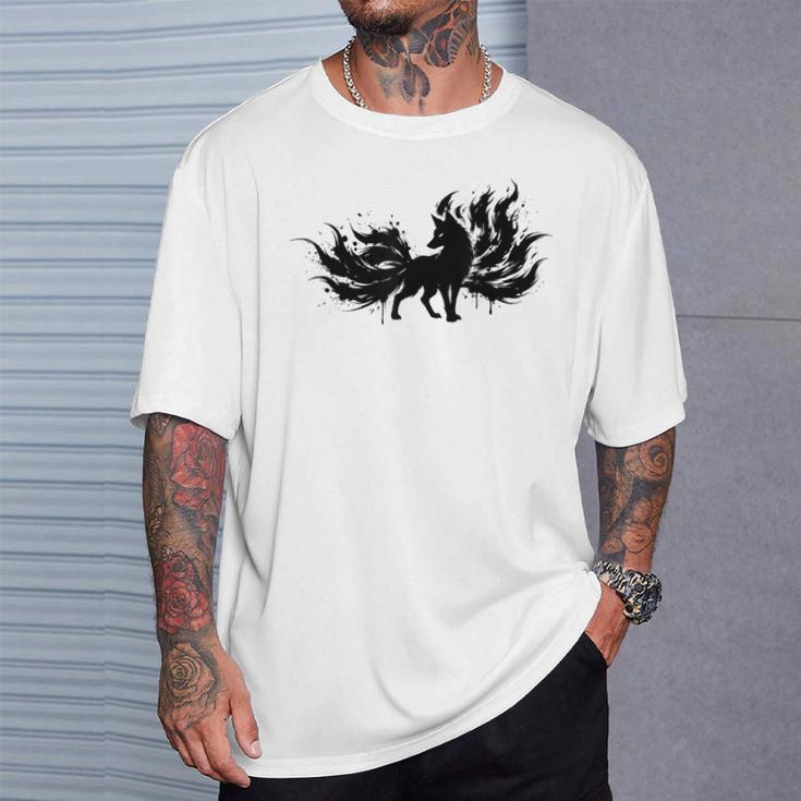 九尾の狐 キツネ 妖怪 和風 水墨画 シルエット Tシャツ 彼への贈り物