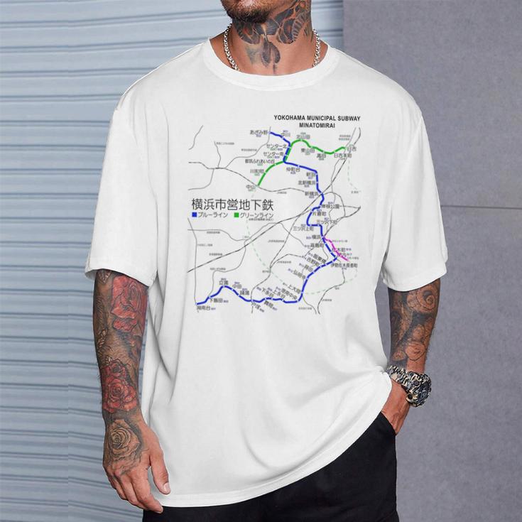 横浜市電鉄線鉄道おみやげ路線図 Tシャツ 彼への贈り物