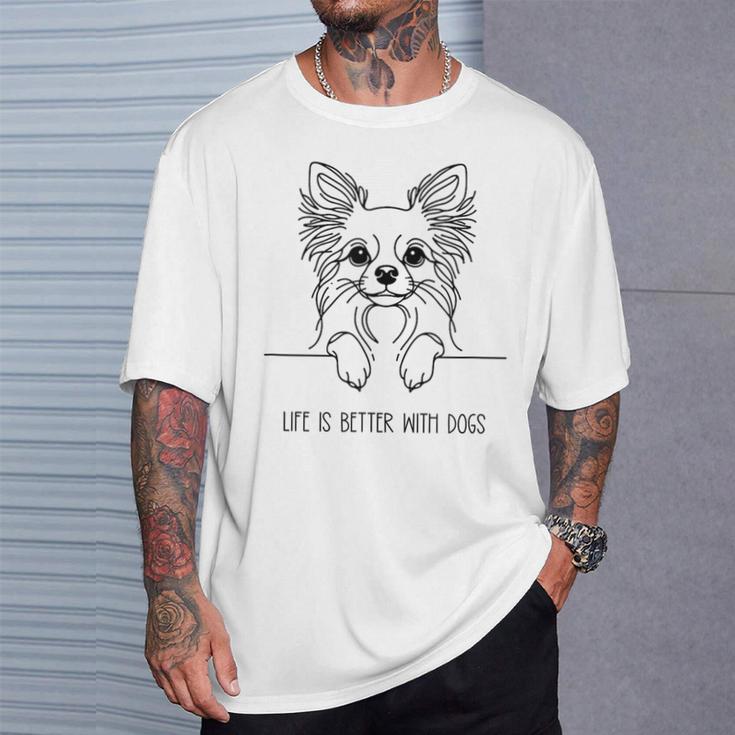 犬と一緒なら人生はもっと良くなる チワワ ラインアート ロングコートチワワ タイプ1 Tシャツ 彼への贈り物