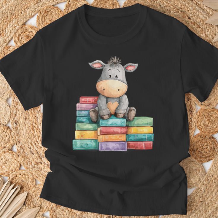 Adorable Donkey With Heart Sitting On Colorful Book Stack T-Shirt Gifts for Old Men