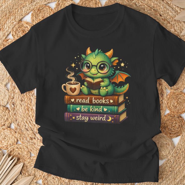 Adorable Dragon Read Books Be Kind Stay Weird Fantasy Lover T-Shirt Gifts for Old Men