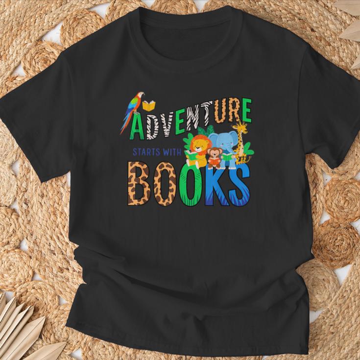 Adventure Starts With Books Jungle Animals Kids Reading Them T-Shirt Gifts for Old Men