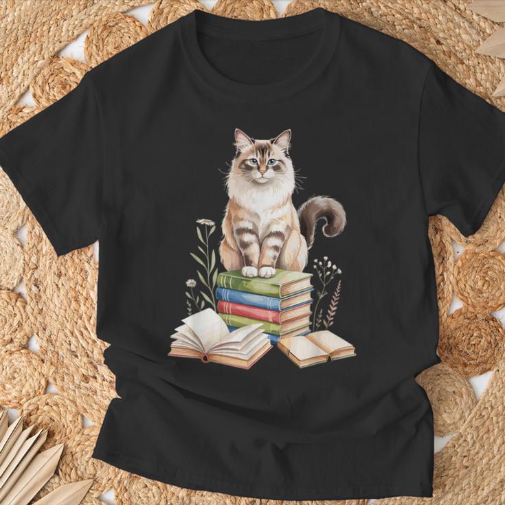 Balinese Cat Longhaired Siamese Books Flowers Book Reading T-Shirt Gifts for Old Men