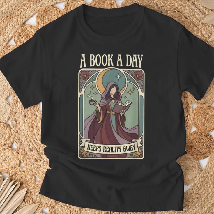 A Book a Day Keeps Reality Away Fairy Reading Tarot Card T-Shirt Gifts for Old Men