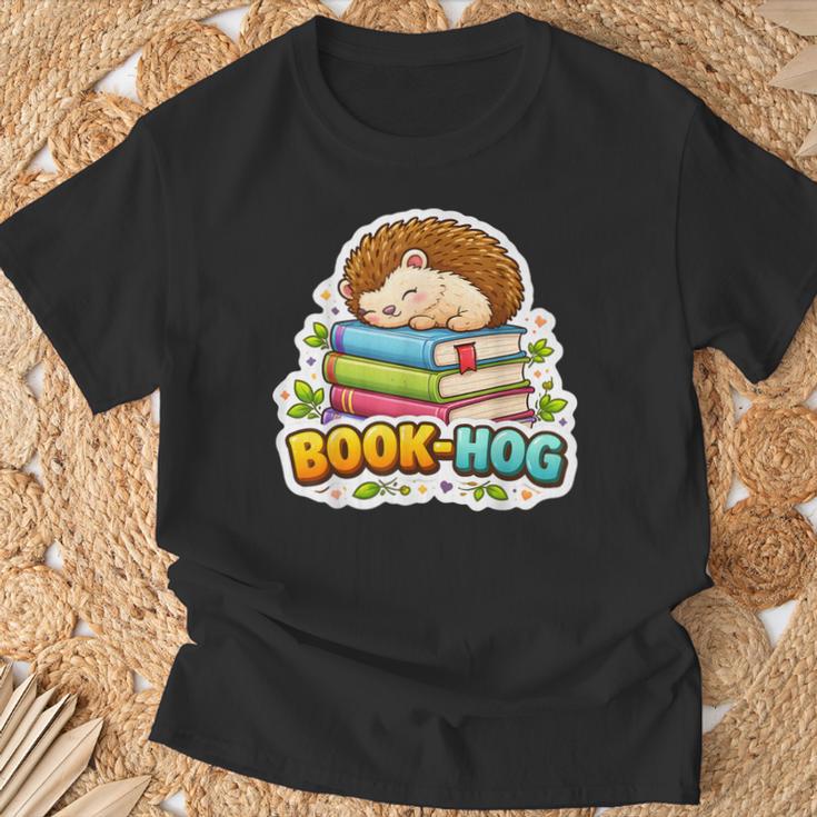 Book Hog Lover Hedgehog Owner Erinaceinae Bookworm Pun Joke T-Shirt Gifts for Old Men