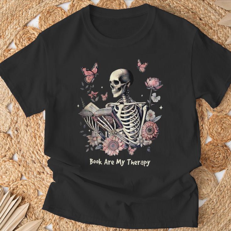 Book Are My Therapy Skeleton Book Reading Floral Butterfly T-Shirt Gifts for Old Men