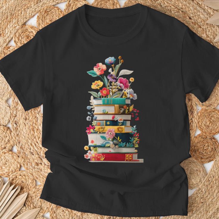 Book Stack With Flowers Reading Lover Bookish T-Shirt Gifts for Old Men