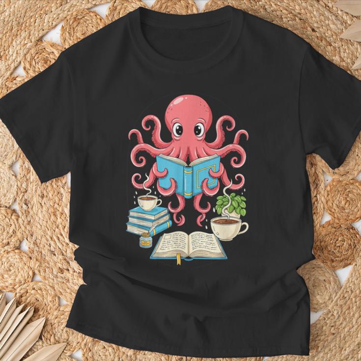 Bookish Octopus Reading Books And Coffee Literary Lover Art T-Shirt Gifts for Old Men