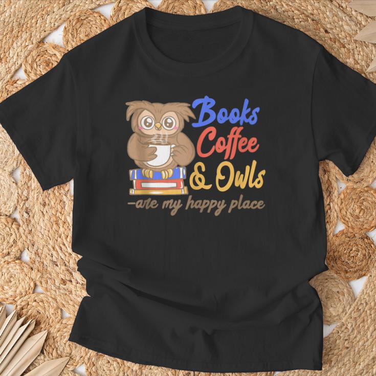Books Coffee & Owls Are My Happy Place Book Lovers T-Shirt Gifts for Old Men