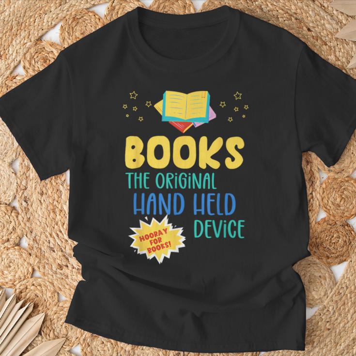 Books The Original Hand Held Device Librarian Read Teacher For Men Women Kids T-Shirt Gifts for Old Men