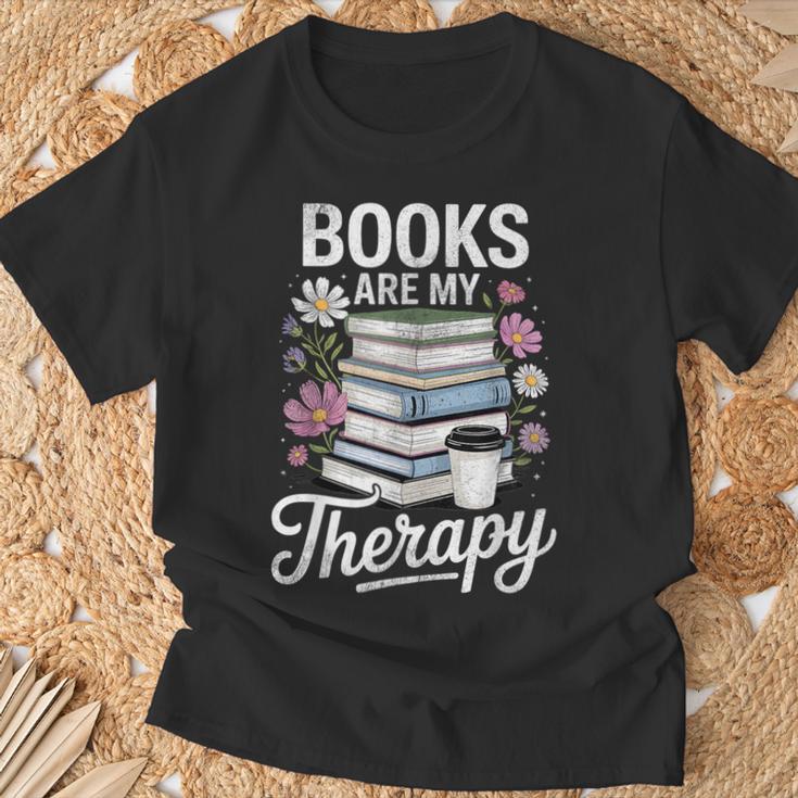 Books Are My Therapy Book Lovers Reading Coffee Florals T-Shirt Gifts for Old Men