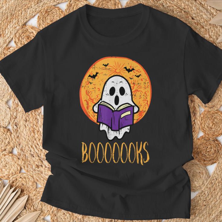 Boooks Moon Ghost Reading Halloween Bookworm Librarian Book T-Shirt Gifts for Old Men