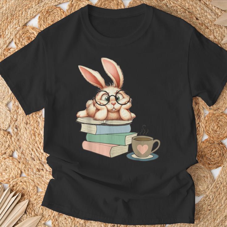 Bunny With Books And Coffee Reading Booknerd Bookish Easter T-Shirt Gifts for Old Men